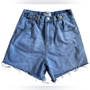 Blue Jean Shorts with Frayed Hem and Distressed Look